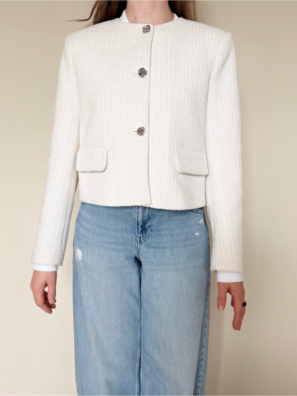 Zara Cream Tweed Cropped Jacket with Decorative Buttons